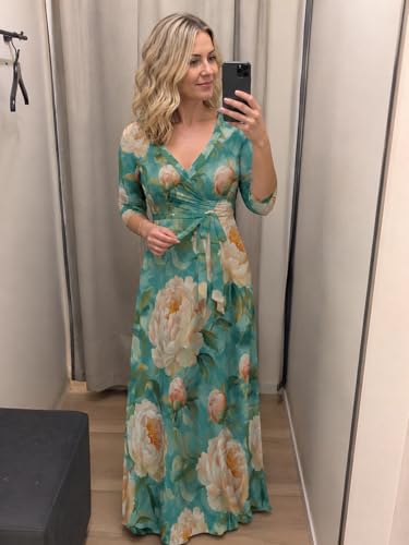 Image of Plus Size Maxi Dress for Women V Neck 3 /4 Sleeve Wrap Dress