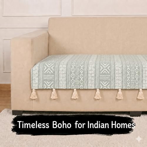 Image of STITCHNEST 'Verdant Bohemian Stories' 3 Seater Sofa Cover| Elegant Jacquard Fabric, Decorative Tassels, Washable & Durable for Modern Living