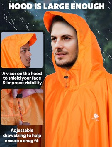 ANYOO Leichter Wasserdichter Regenjacken Wiederverwendbar Ripstop Atmungsaktiver Mehrzweck Regenmantel mit Kapuze Schutzdecke Unterschlupf für im Freien Camping Wandern Angeln, Orange, Einheitsgröße