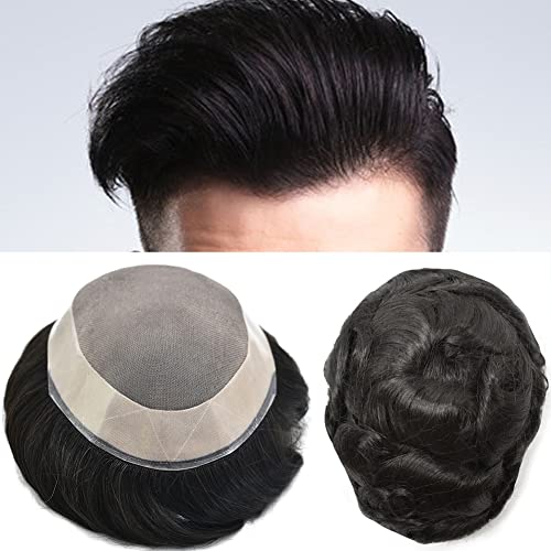Mens Toupee Wigs Hair System for Men Human Hair Piece Replacement Fine Mono Mens Hair Unit Poly Skin Around Monofilament Toupee for Men (7''x9'', #1B Off Black-140% Medium to Med-heavy Density)