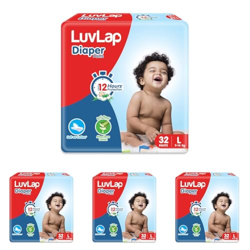 Image of LuvLap Diaper Pants Large (LG) 9 to 14Kg, 32 Count, Baby Diaper Pants, with Aloe Vera Lotionfor rash protection, with upto 12 Hour protection (Pack of 4)