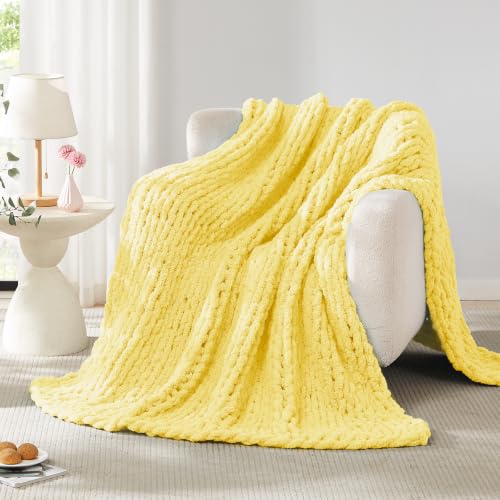 Image of L'AGRATY Chunky Knit Throw Blanket for Couch, 50 x 60 Inches, Egg Yellow