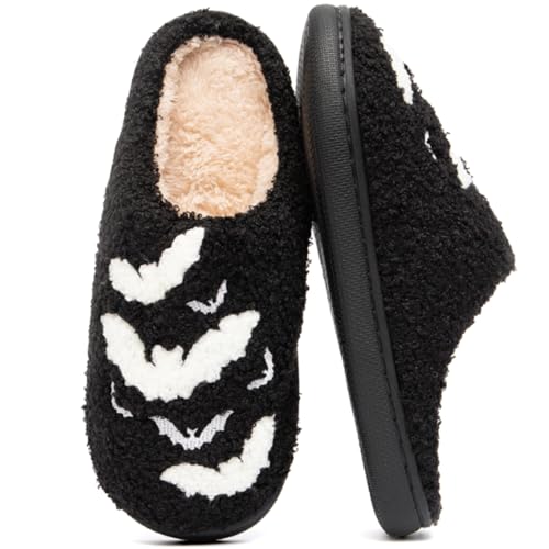 Cute Halloween Slippers for Women Perfect Soft Plush Comfy Warm Slip-On Halloween Pumpkin Slippers fo Women Indoor Fluffy House Slippers for Women and Men Non-slip Fuzzy Flat Slides