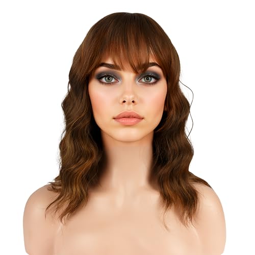 joyhoney Brown Mix Blonde Bob Wig For Women Heat Resistant Synthetic Shoulder Length Loose Wavy Wig With Bangs Curly Bob Wigs Medium Length 14inch (Brown Mix Blonde Color)