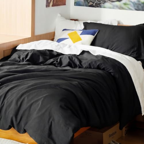 Image of Bedsure Prewashed Twin /Twin XL Duvet Cover, Cotton-Like Bedding Set, Black | Ultra Soft, Relaxed Texture, Twin XL Breathable Comfort, Hidden Zipper, 8 Corner Ties, Easy Care, OEKO-TEX, Year-Round Use