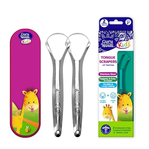 GuruNanda Kids Tongue Scraper (2-Pack) with Travel Case, Stainless Steel, Aids in Fresh Breath – Travel-Friendly Tongue Cleaner (Green/Pink/Orange)