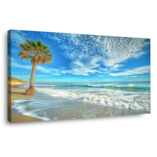 Tableau plage naturelle imprime sur toile avec cadre bleu 40x80