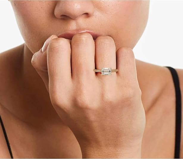 1-5 Carat Emerald Cut East West Knife Edge Moissanite Engagement Ring D color VVS1 purity 10K 14K 18K Solid Gold & 925 Sterling Silver Engagement Rings for Women Wife Wedding Rings Gifts