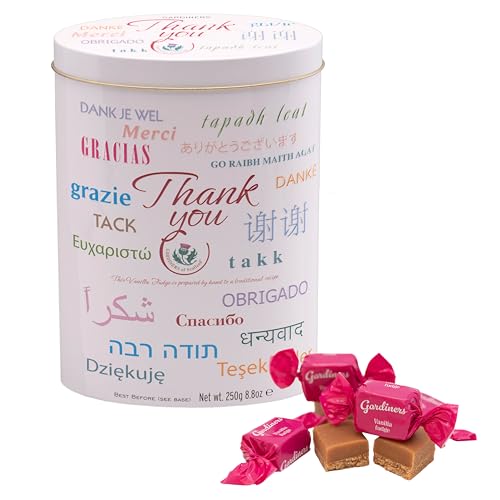 Gardiners of Scotland Handmade Fudge, Thank You Languages Vanilla Fudge 8.8 Ounce Tin