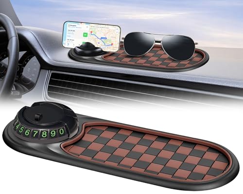 Sparkalyn Multifunction Car Anti-Slip Mat, Rotatable Anti Skid Car Dashboard Pad with Temporary Parking Numbe, Universal Car Phone Holder, and Large Pad for Phones Sunglasses Keys Gadgets(Brown)