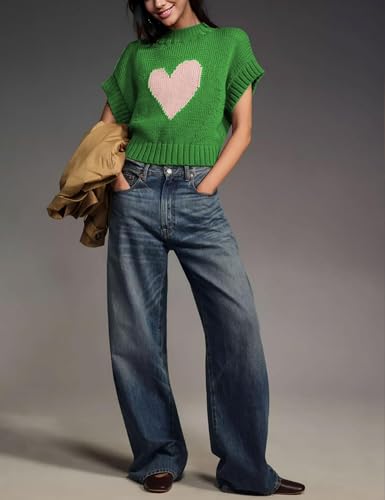 Women Cap Sleeve Sweater Vest Cute Heart Print Mock Neck Sweaters Knitted Pullover Tank Tops Valentine's Day3