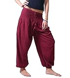 Gesmokter dehnbarer Bund KUNST UND MAGIE Damen Pluderhose Haremshose Sommerhose Hippie Goa Wellness Yoga, Farbe:Bordeaux, Größe Damen:38-42(L/XL)