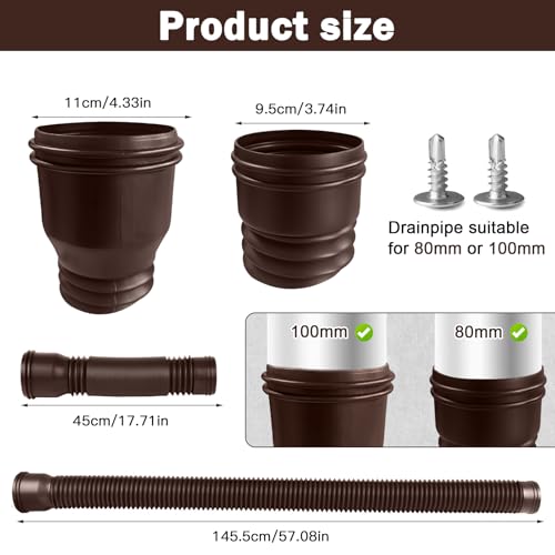 Hengrongshen 1 Stück Dachrinne Fallrohr Verlängerung Flexible, Fallrohrverlängerungen Flexibel Rund für Fallrohr 80/100 mm, Verlängerbar von 47 bis 150 cm, Fallrohr Dachrinnen Verlängerung (Braun)