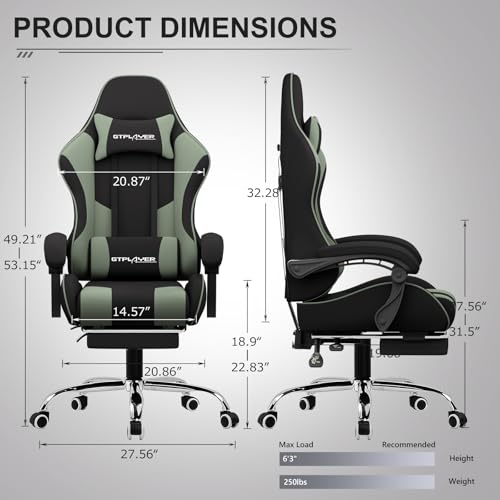Image of GTPLAYER Gaming Chair, Computer Chair with Footrest and Lumbar Support, Height Adjustable Game Chair with 360-Swivel Seat and Headrest and for Office or Gaming (Green, Fabric)
