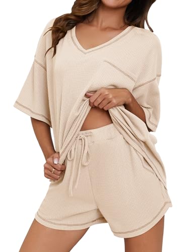 Image of Womens Pajama Sets Waffle Knit 2 Piece Short Lounge Set Cute Sleep Loungewear Pjs Set Short Sleeve Top and Shorts
