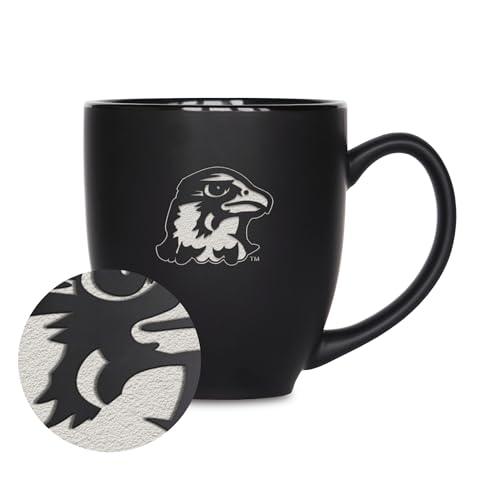 Rico Industries NCAA Quincy Hawks 15oz Laser Engraved Matte Black Ceramic Bistro Mug - for Hot or Cold Drinks