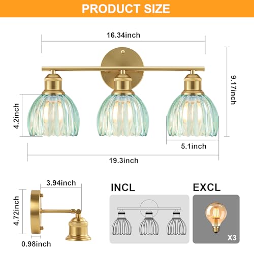 Image of Bathroom Light Fixtures, 3-Light Brushed Gold Vanity Lights for Bathroom with Blue Tulip Glass Shade, 20 inch Vintage Bathroom Vanity Lighting Fixtures Over Mirror for Bedroom Living Room Hallway
