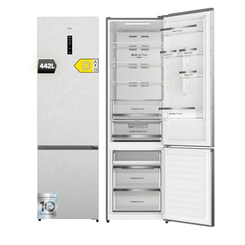 VOK Frigorífico Combi No Frost 442L en 198.5cm - Clase D, Compresor Inverter 37dB 224kWh, Smart Fresh Zone, Display en Puerta, Inox EVR-442NDICP