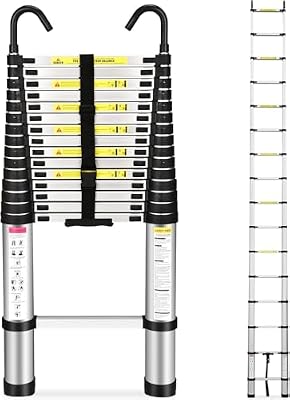 Telescoping Ladder, Soctone 15.5Ft Aluminum Lightweight Telescoping Ladder with Hooks, 330lb Load Capacity, Collapsible Telescoping Ladder, rv Ladder