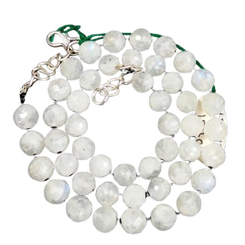 Natural White Rainbow Moonstone Necklace, Round Faceted Ball Gemstone Beaded Necklace for Women-image-15