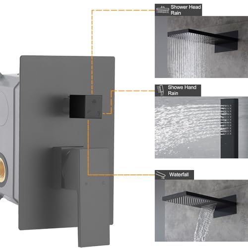 Cascada 9”x22” Luxury Shower system (Montaje en pared) con válvula de un solo mando, 3 funciones (Lluvia, Cascada y Ducha de mano) (Negro Mate) miniatura 3