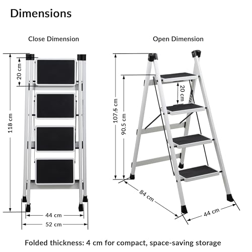 Image of Plantex 4 Step Ladder for Home Use /Wide Anti-Slip Heavy-Duty Step Stool /Lightweight Kitchen Ladder 4 Step (White)