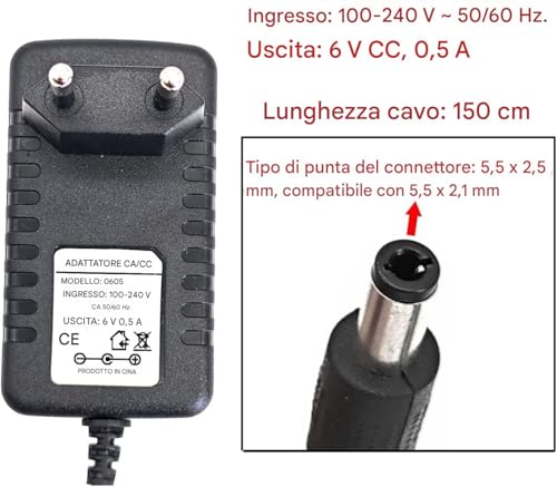JZK 6V 0.5A Netzteil, 6 V 500 mA Adapter, Ladegerät für Kinder-Elektroautos, Kinder-Elektromotorräder, Kindermotorräder, Rutschautos, Quads, Sportwagen und andere 6V-Geräte