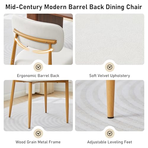 Image of weselon Mid-Century Modern Dining Chairs Set of 2, Upholstered Velvet Dining Room Chairs with Ergonomic Curved Backrest, Wood Grain Metal Frame with Adjustable Feet (Natural Frame+Gray White Seat, 2)