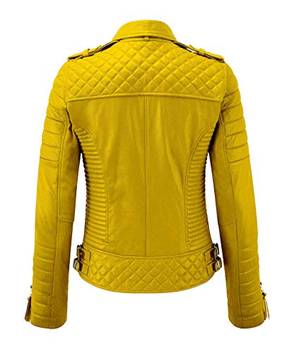 Women's Retro Fashion Motorbike Genuine Leather Jacket Ladies Stylish Motorcycle Coat Outwear Casual Long Sleeves Jacket (Yellow, Medium) #TOP1