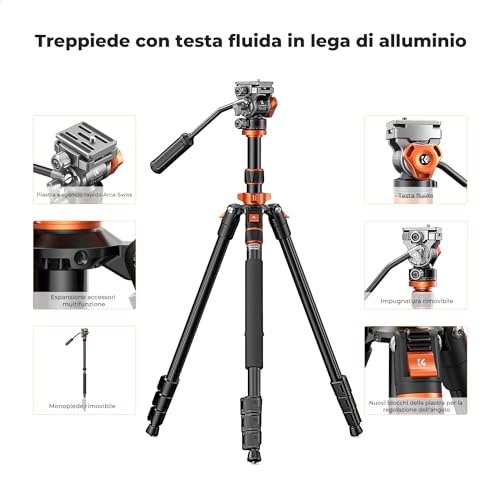 K&F Concept Treppiede Per Fotocamera, Treppiede Video Compatto Con Testa Idraulica, Treppiede Da Viaggio In Alluminio, Capacità Di Carico 5Kg, Monopiede Smontabile, Cavalletto Fotografico K234A7+FH-03 - 4
