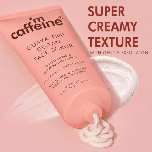 Image of mCaffeine Guava Tini De-Tan Face Scrub | 5% Physical & Natural Exfoliants | De-Tanned, Smoother Skin | Pore Cleansing | Removes Blackheads | AHAs - Glycolic & Lactic Acid | Walnut & Apricot | For Women & Men | Suitable for All Skin Types - 100g
