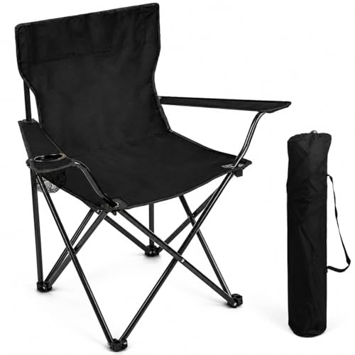 BESCH Silla Plegable para Camping de Acero con Portavaso 45x45x80cm Carga Máxima 110Kg - Silla para Exterior, Picnic, Jardín y Pesca (Negro)