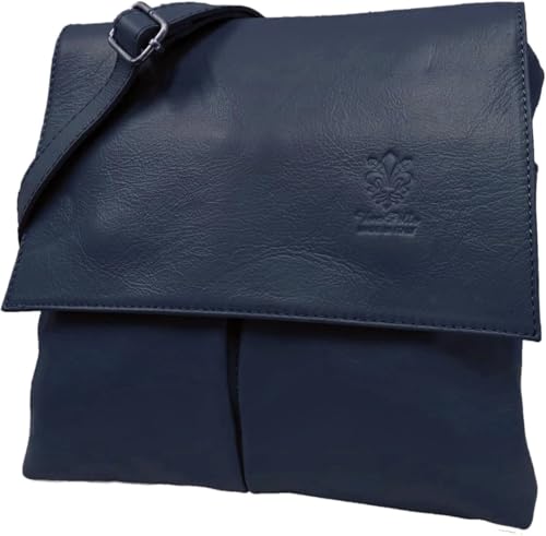 Image of LeahWard Womens Double Pocket Messenger Bag Genuine Italian Soft Leather Cross Body Shoulder Bag Handbag (Navy)