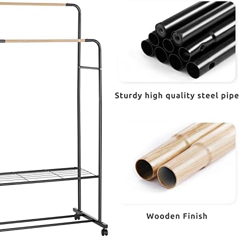 YOUDENOVA Clothes Rail on Wheels Clothes Rack Double Hanging Rails for Clothes Rails for Bedroom Heavy Duty Metal Stand Storage Shelf Black