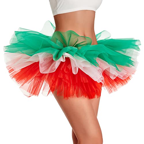 Phantomon Tutu Skirt Womens Teens Elastic 5 Layered Tulle Skirts Ultra Fluffy (Green White Red Christmas)
