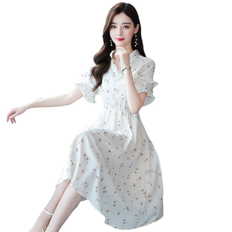 Floral Dress Women's Mid-Length Summer Retro Waist Skirt Short-Sleeved Chiffon Skirt Women's Clothing (Color : Beige, Size : XXXX-Large)