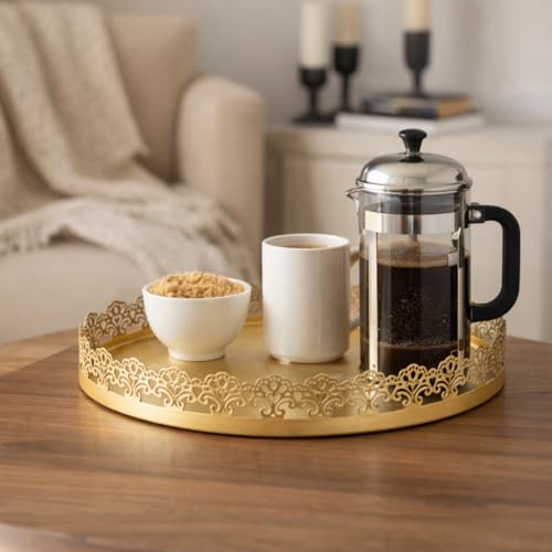 Image of Gold Finish Decorative Metal Tray | Multipurpose Serving & Vanity Tray | Premium Cutwork Design | Home Decor Organizer | 28 x 4 cm (Gold)