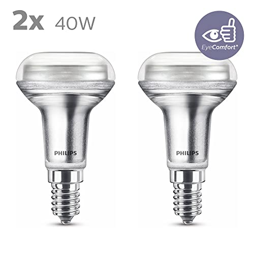 Philips LED Classic E14 Lampe, 40 W, R50, Reflektor, 36° drehbar, silber, warmweiß, 2er Pack