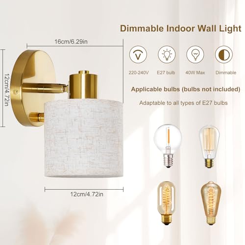 Lightess Wall Light with Switch Dimmable Gold Wall Sconce with Beige Linen Fabric Lampshade E27 40W Indoor Bedside Wall Lamp for Bedroom Living Room Hallway - Image 3