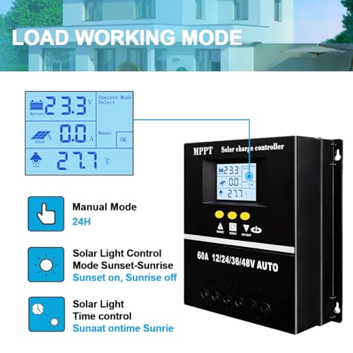 60A Solarladeregler MPPT 12V 24V 36V 48V LCD-Display Batterie Intelligenter Regler Max. 100V Eingang Dual USB für Blei-Säure/Lithium/LiFePO4