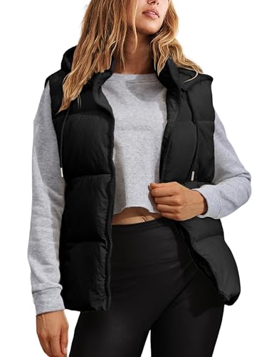 Tanming Black Puffer Vest Women Zip Up Lightweight Sleeveless Winter Outerwear Vests with Hood