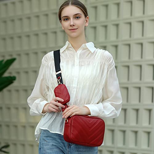 Image of Herald Chevron Quilted Small Crossbody Bag with Coin Purse Pouch, Women Square Camera Side Shoulder 2 Size Handbags (Red)