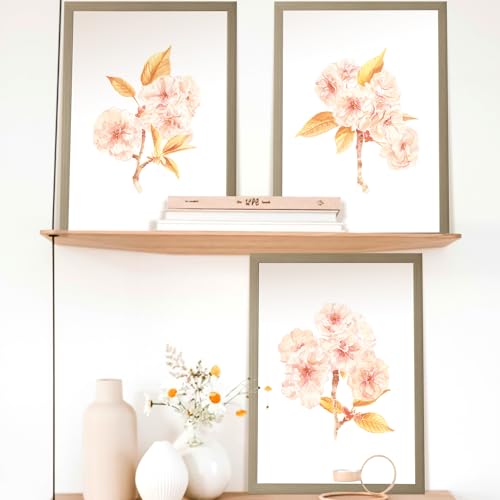 NATNAT Arts – Set de 3 Láminas Decorativas A4 de Flores de Cerezo Japonés en Tonos Rosa – Arte de Pared Minimalista para Cocina, Salón, Estudio, Oficina y Hogar- Sin Marco