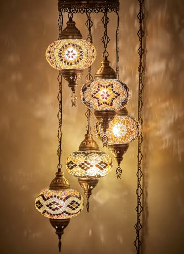DEMMEX - 5-Large 7'' Globes Turkish Moroccan Plug-in Chandelier - Tiffany Mosaic Glass Pendant Light, Swag Hanging Lamp with 15 ft Cord & Chain, 4 ft Drop, for Living Room, Bedroom & Dining Room