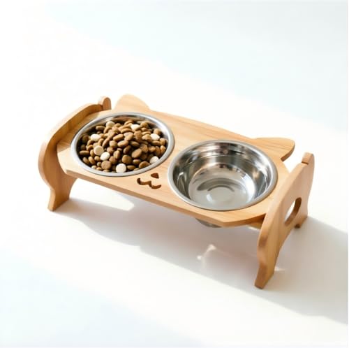 Elevated Pet Bowls for Cats and Small Dogs, Natural Wood Stand with 2 Stainless Steel Bowls, Raised Feeder for Food & Water, Anti-Slip & Ergonomic Design, Easy-Clean Pet Feeding Station (1 Set)