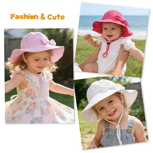 Baby Girl Sun Hat with UPF 50+ Outdoor Adjustable Beach Hat with Wide Brim Bucket Hats (6-12 Months,White & Pink-Stripe 2pcs)