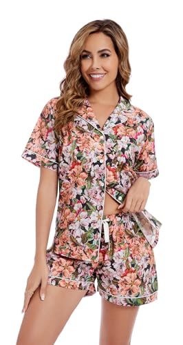 Image of LUBOT 100% Cotton Pajamas for Women 2 Piece PJ Set Poplin Woven Lightweight Ladies Button Short Sleeve Sleepwear S-XXL