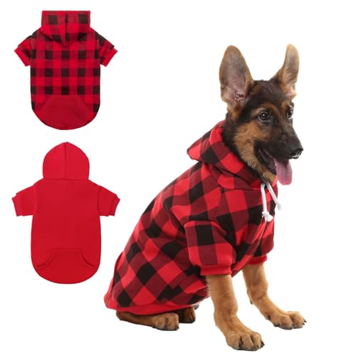 SCENEREAL 2 Pack Dog Sweaters with Hat & Pocket, Soft Dog Hooded Clothes, Red Plaid L/XL
