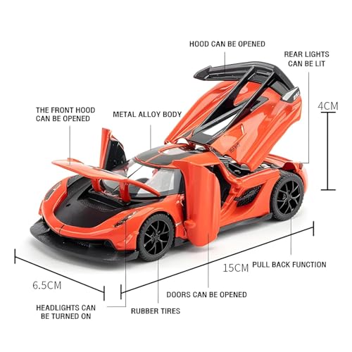 Image of 1:32 Koenigseggg Jesko Sports Model Exclusive Alloy Diecast Pull Back Toy car with Openable Doors & Light Music Toys for Kids Boy Girl Gift (1:32 Koenigseggg -Orange)