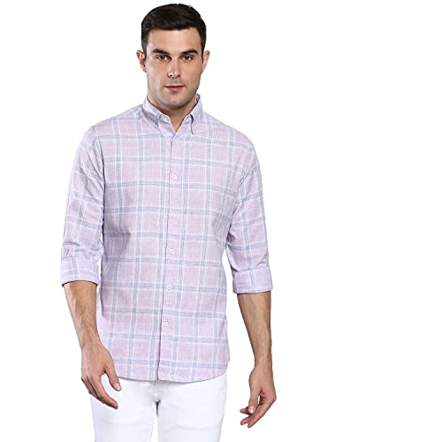 Image of Dennis Lingo Men's Checkered Slim Fit Cotton Linen Casual Shirt with Button-Down Collar & Full Sleeves